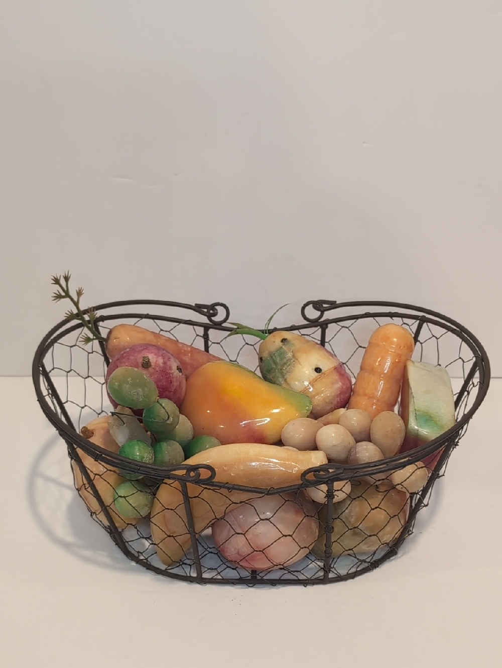 Alabaster Stone Faux Fruit Wire Basket 16 Fruits & Vegetables
